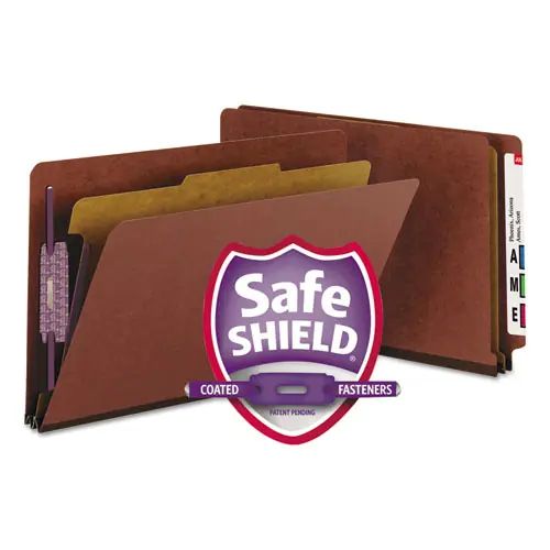 Smead End Tab Pressboard Classification Folders, Four SafeSHIELD Fasteners, 2" Expansion, 1 Divider, Legal Size, Red, 10/Box