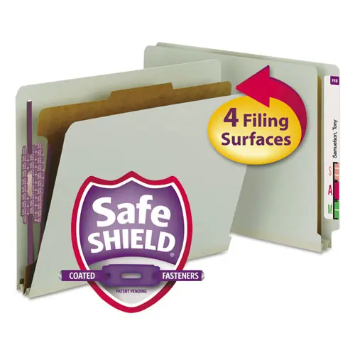 Smead End Tab Pressboard Classification Folders, Four SafeSHIELD Fasteners, 2" Expansion, 1 Divider, Letter Size, Gray-Green, 10/BX