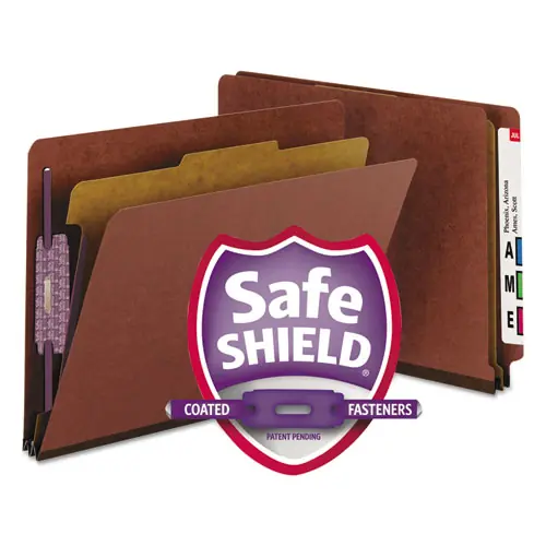 Smead End Tab Pressboard Classification Folders, Four SafeSHIELD Fasteners, 2" Expansion, 1 Divider, Letter Size, Red, 10/Box