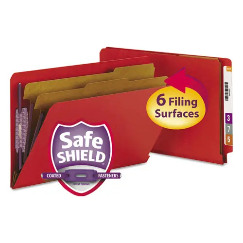 Smead End Tab Pressboard Classification Folders with Six SafeSHIELD Fasteners, 2" Expansion, Two Dividers, Legal Size, Bright Red, 10/Box