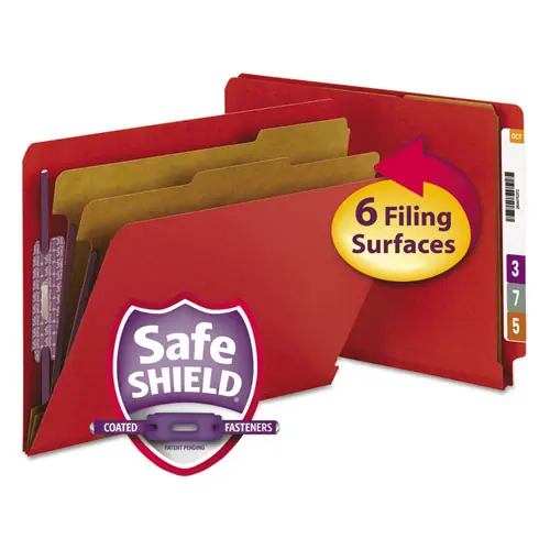 Smead End Tab Pressboard Classification Folders with Six SafeSHIELD Fasteners, 2" Expansion, 2 Dividers, Letter Size, Bright Red, 10/Box