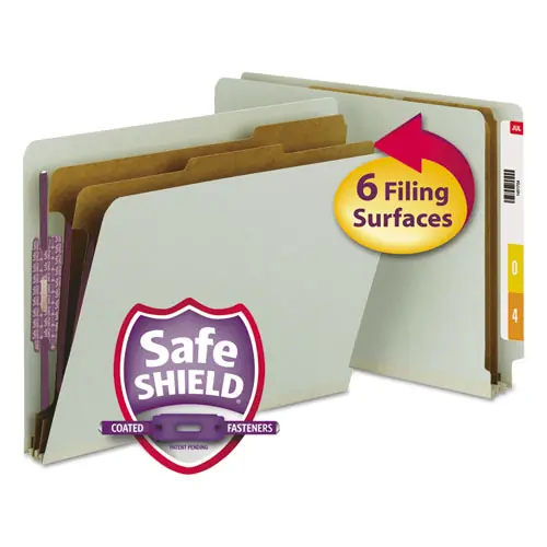Smead End Tab Pressboard Classification Folders, Six SafeSHIELD Fasteners, 2" Expansion, 2 Dividers, Letter Size, Gray-Green, 10/BX