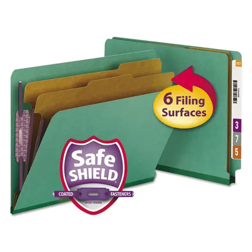 Smead End Tab Pressboard Classification Folders, Six SafeSHIELD Fasteners, 2" Expansion, 2 Dividers, Letter Size, Green, 10/Box