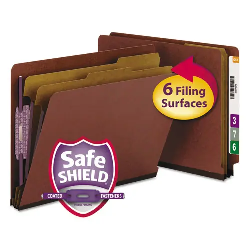Smead End Tab Pressboard Classification Folders, Six SafeSHIELD Fasteners, 2" Expansion, 2 Dividers, Letter Size, Red, 10/Box