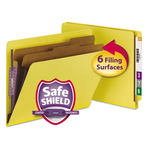 Smead End Tab Pressboard Classification Folders with SafeSHIELD Fasteners, 2" Expansion, 2 Dividers, Letter Size, Yellow, Box of 10
