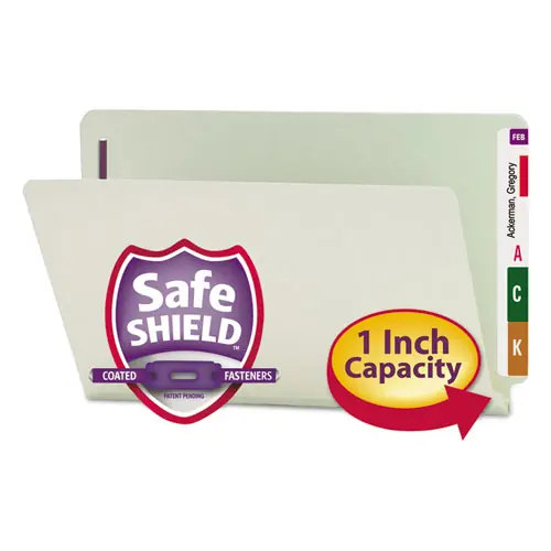 Smead End Tab Pressboard Classification Folders, Two SafeSHIELD Coated Fasteners, 1" Expansion, Legal Size, Gray-Green, 25/Box