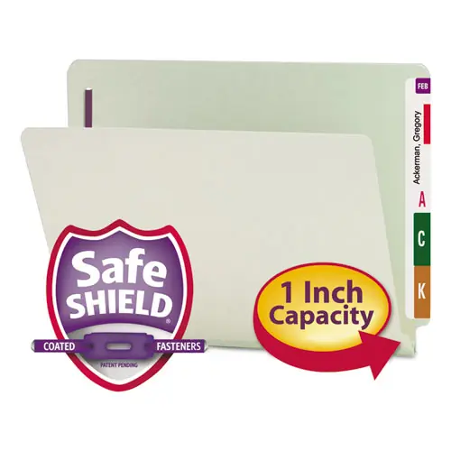 Smead End Tab Pressboard Classification Folders, Two SafeSHIELD Coated Fasteners, 1" Expansion, Letter Size, Gray-Green, 25/Box