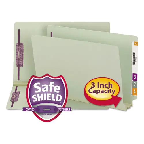 Smead End Tab Pressboard Classification Folders, Two SafeSHIELD Coated Fasteners, 3" Expansion, Legal Size, Gray-Green, 25/Box