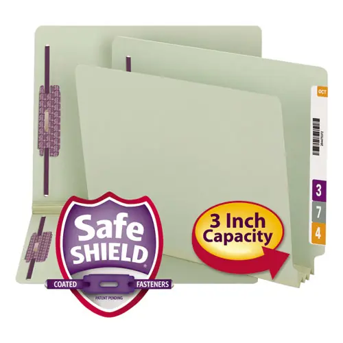 Smead End Tab Pressboard Classification Folders, Two SafeSHIELD Coated Fasteners, 3" Expansion, Letter Size, Gray-Green, 25/Box