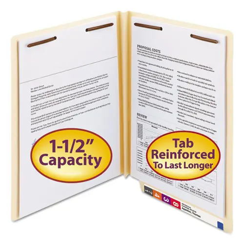 Smead End Tab W-Fold Fastener Folders with Reinforced Tabs, 1.5" Expansion, 2 Fasteners, Letter Size, Manila, 50/Box