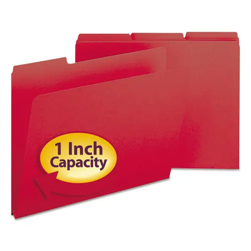 Smead Expanding Recycled Heavy Pressboard Folders, 1/3-Cut Tabs, Assorted Positions, Letter Size, 1" Expansion, Bright Red, 25/Box