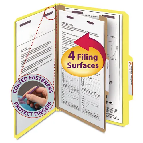 Smead Four-Section Pressboard Top Tab Classification Folders, Four SafeSHIELD Fasteners, 1 Divider, Legal Size, Yellow, 10/Box
