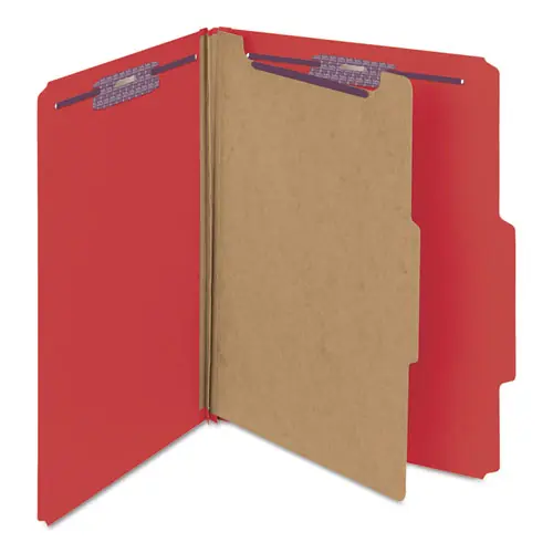 Smead Four-Section Pressboard Top Tab Classification Folders, Four SafeSHIELD Fasteners, 1 Divider, Letter Size, Bright Red, 10/Box