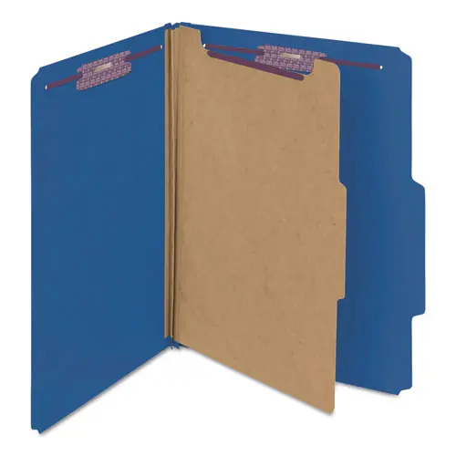 Smead Four-Section Pressboard Top Tab Classification Folders, Four SafeSHIELD Fasteners, 1 Divider, Letter Size, Dark Blue, 10/Box