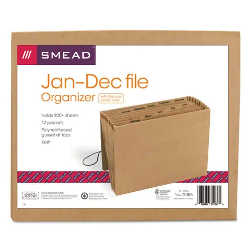 Smead Indexed Expanding Kraft Files, 12 Sections, Elastic Cord Closure, 1/12-Cut Tabs, Letter Size, Kraft