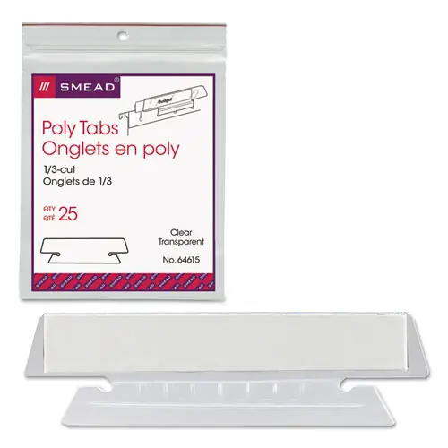 Smead Poly Index Tabs and Inserts For Hanging File Folders, 1/3-Cut, White/Clear, 3.5" Wide, 25/Pack
