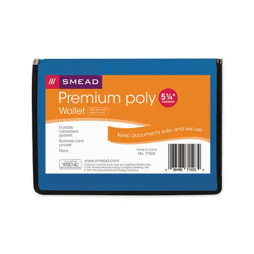 Smead Poly Premium Wallets, Letter Size, 5.25" Expansion, Elastic Cord Closure, Navy Blue