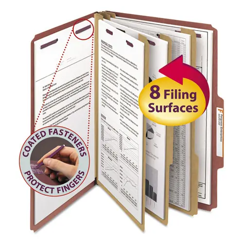 Smead Pressboard Classification Folders, Eight SafeSHIELD Fasteners, 2/5-Cut Tabs, 3 Dividers, Legal Size, Red, 10/Box