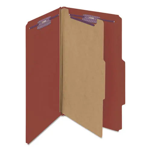 Smead Pressboard Classification Folders, Four SafeSHIELD Fasteners, 2/5-Cut Tabs, 1 Divider, Legal Size, Red, 10/Box