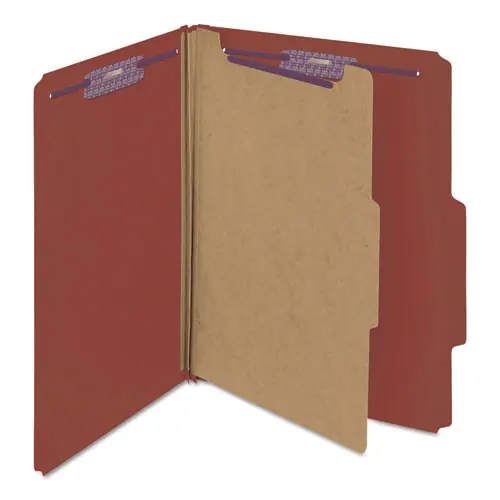 Smead Pressboard Classification Folders, 4 SafeSHIELD Fasteners, 2/5-Cut Tabs, 1 Divider, Letter Size, Red, 10/Box