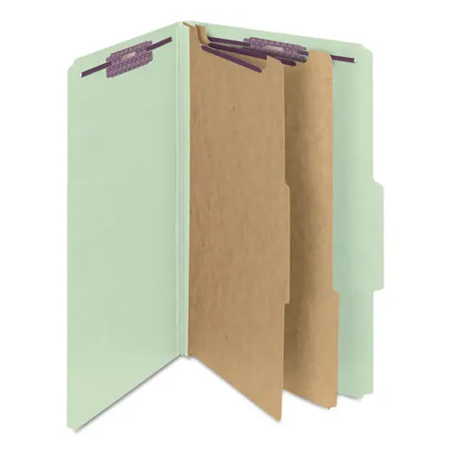 Smead Pressboard Classification Folders with SafeSHIELD Coated Fasteners, 6 Fasteners, 2 Dividers, Legal Size, 2/5-Cut Tabs, Gray-Green, 10/Box