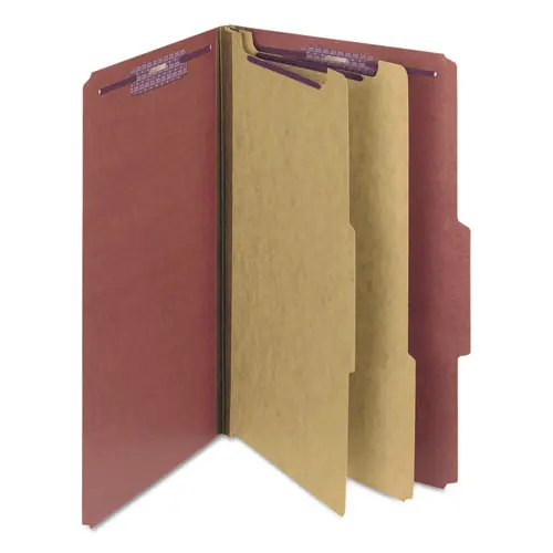 Smead Pressboard Classification Folders, Six SafeSHIELD Fasteners, 2/5-Cut Tabs, 2 Dividers, Legal Size, Red, 10/Box