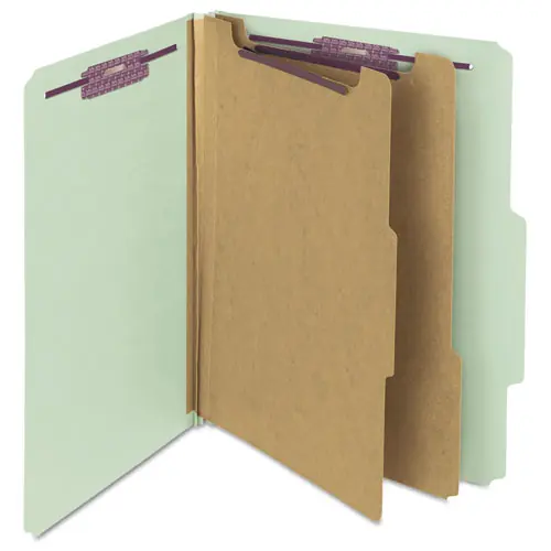Smead Pressboard Classification Folders with Six SafeSHIELD Fasteners, 2/5-Cut Tabs, 2 Dividers, Letter Size, Gray-Green, 10/Box