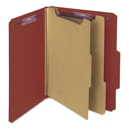 Smead Pressboard Classification Folders, Six SafeSHIELD Fasteners, 2/5-Cut Tabs, 2 Dividers, Letter Size, Red, 10/Box