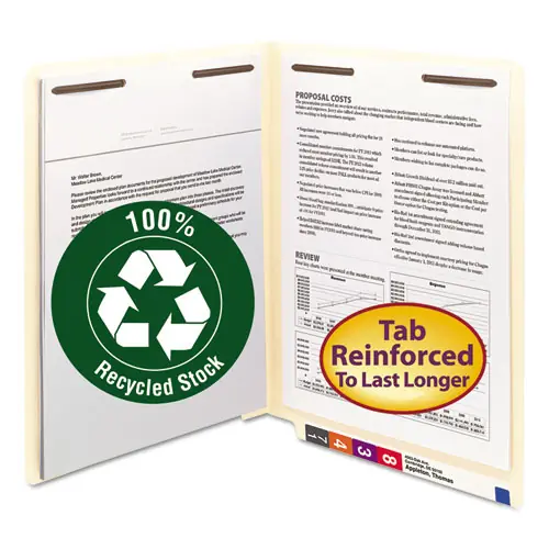 Smead Recycled Manila End Tab Fastener Folders, Letter Size, 0.75" Expansion, 2 Fasteners, 50/Box