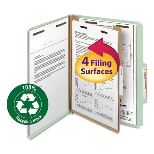 Smead Recycled Pressboard Classification Folders, Letter Size, 1 Divider, 4 Fasteners, 2" Expansion, Gray-Green, Box of 10
