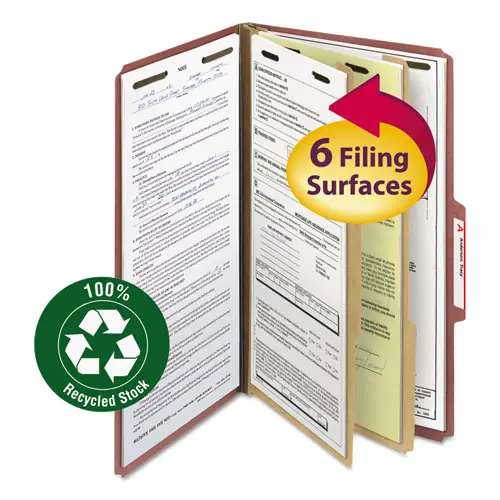Smead Recycled Pressboard Classification Folders, Legal Size, 2" Expansion, 2 Dividers, 6 Fasteners, Red, 10/Box