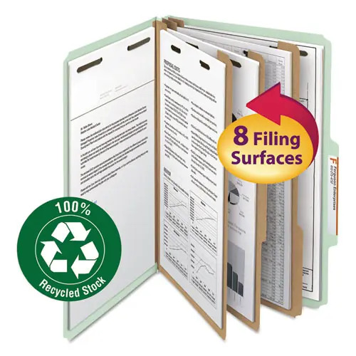 Smead Recycled Pressboard Classification Folders, Legal Size, 3" Expansion, 3 Dividers, 8 Fasteners, Gray-Green, 10/Box