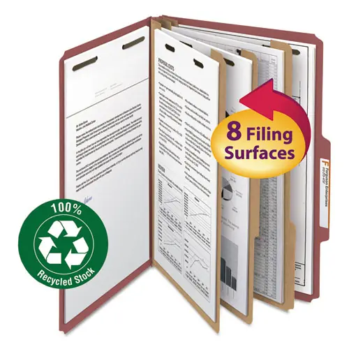 Smead Recycled Pressboard Classification Folders, Legal Size, Red, 3" Expansion, 3 Dividers, 8 Fasteners, 10/Box