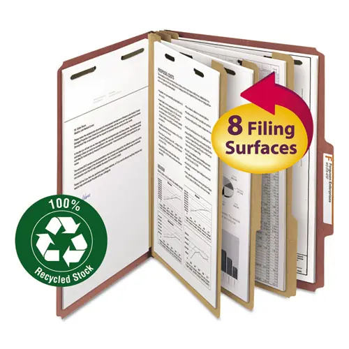 Smead Recycled Pressboard Classification Folders, Letter Size, 3" Expansion, 3 Dividers, 8 Fasteners, Red, 10/Box