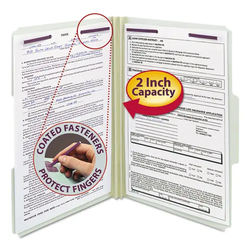 Smead Recycled Pressboard Fastener Folders, 1/3-Cut Tabs, Two SafeSHIELD Fasteners, 2" Expansion, Legal Size, Gray-Green, 25/Box