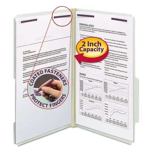 Smead Recycled Pressboard Folders with SafeSHIELD Coated Fasteners, Legal Size, 2" Expansion, Gray-Green, 25/Box