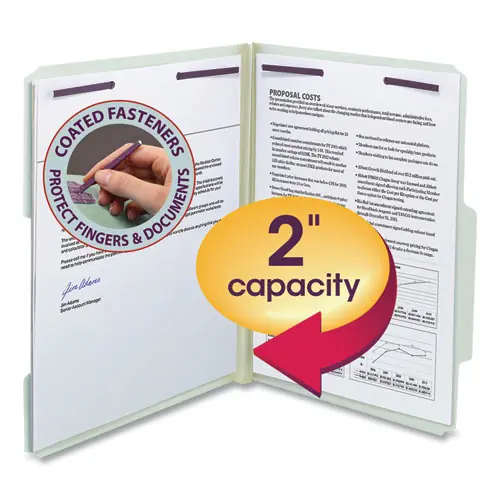 Smead Recycled Pressboard Folders, Two SafeSHIELD Coated Fasteners, 2/5-Cut Right of Center, 2" Expansion, Letter Size, Gray-Green, 25/Box