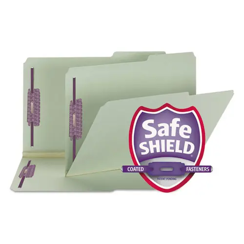 Smead Recycled Pressboard Folders, Two SafeSHIELD Coated Fasteners, 2/5-Cut Right, 2" Expansion, Legal Size, Gray-Green, 25/Box