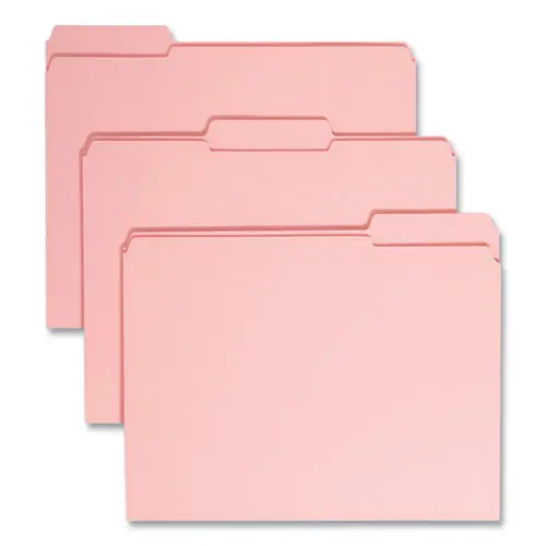 Smead Reinforced Top Tab Colored File Folders, 1/3-Cut Tabs, Assorted Positions, Letter Size, 0.75" Expansion, Pink, 100/Box
