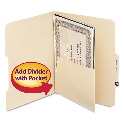 Smead Self-Adhesive Folder Dividers with 5.5" Pockets for Top/End Tab Folders, 1 Fastener, Letter Size, Manila, 25/Pack