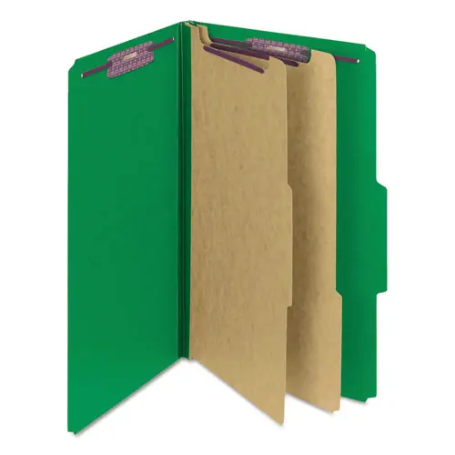 Smead Six-Section Pressboard Top Tab Classification Folders, Six SafeSHIELD Fasteners, 2 Dividers, Legal Size, Green, 10/Box