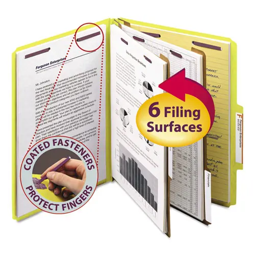 Smead Six-Section Pressboard Top Tab Classification Folders, Six SafeSHIELD Fasteners, 2 Dividers, Letter Size, Yellow, 10/Box