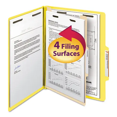 Smead Top Tab Classification Folders, Four SafeSHIELD Fasteners, 2" Expansion, 1 Divider, Letter Size, Yellow Exterior, 10/Box
