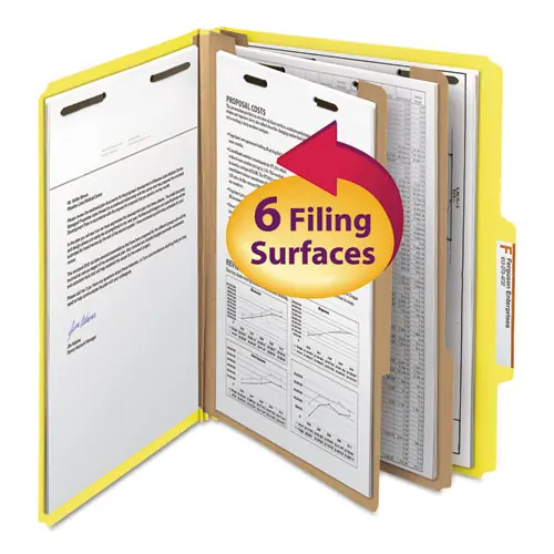 Smead Top Tab Classification Folders, Six SafeSHIELD Fasteners, 2" Expansion, 2 Dividers, Letter Size, Yellow Exterior, 10/Box