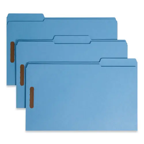 Smead Top Tab Colored Fastener Folders, 0.75" Expansion, 2 Fasteners, Legal Size, Blue Exterior, 50/Box