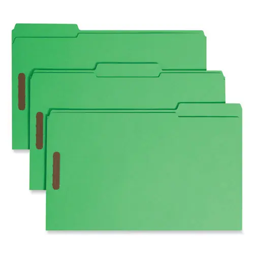 Smead Top Tab Colored Fastener Folders, 0.75" Expansion, 2 Fasteners, Legal Size, Green Exterior, 50/Box