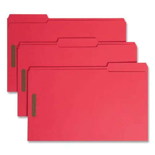 Smead Top Tab Colored Fastener Folders, 0.75" Expansion, 2 Fasteners, Legal Size, Red Exterior, 50/Box