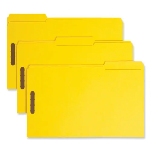 Smead Top Tab Colored Fastener Folders, 0.75" Expansion, 2 Fasteners, Legal Size, Yellow Exterior, 50/Box