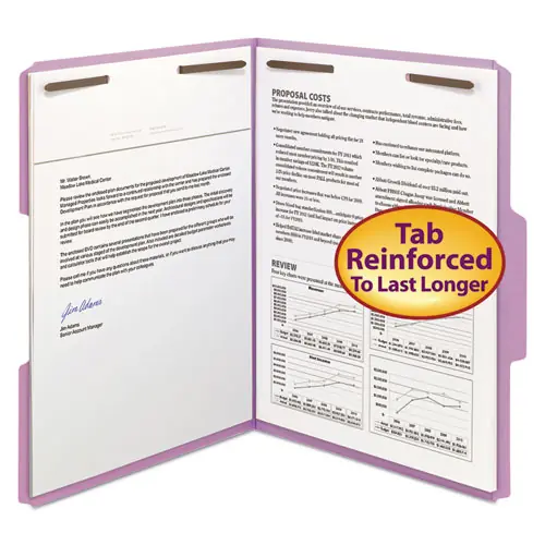 Smead Top Tab Colored Fastener Folders, 0.75" Expansion, 2 Fasteners, Letter Size, Lavender Exterior, 50/Box