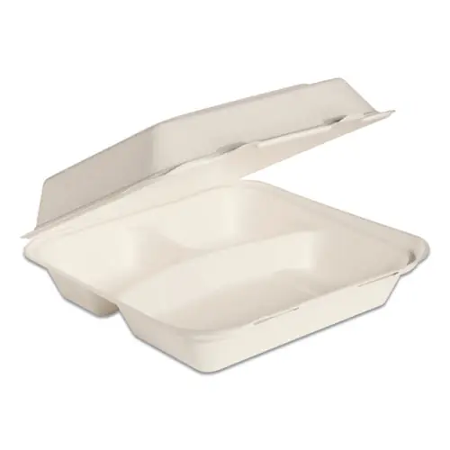 SOLO® Bare Eco-Forward Bagasse Hinged Lid Containers, ProPlanet Seal, 3 Compartments, Ivory, 200/Carton